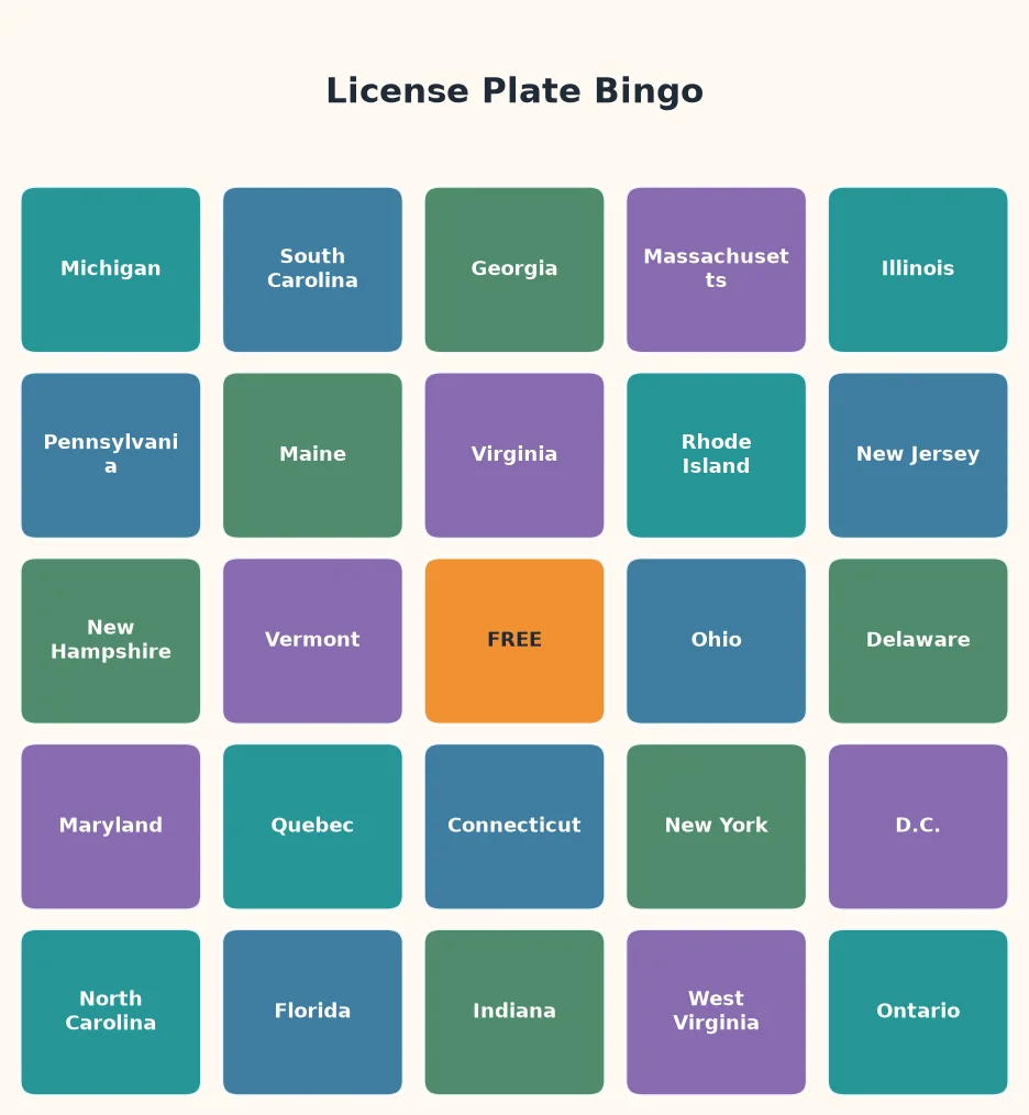 License plate bingo card with 24 state squares and a free center, made in the card maker