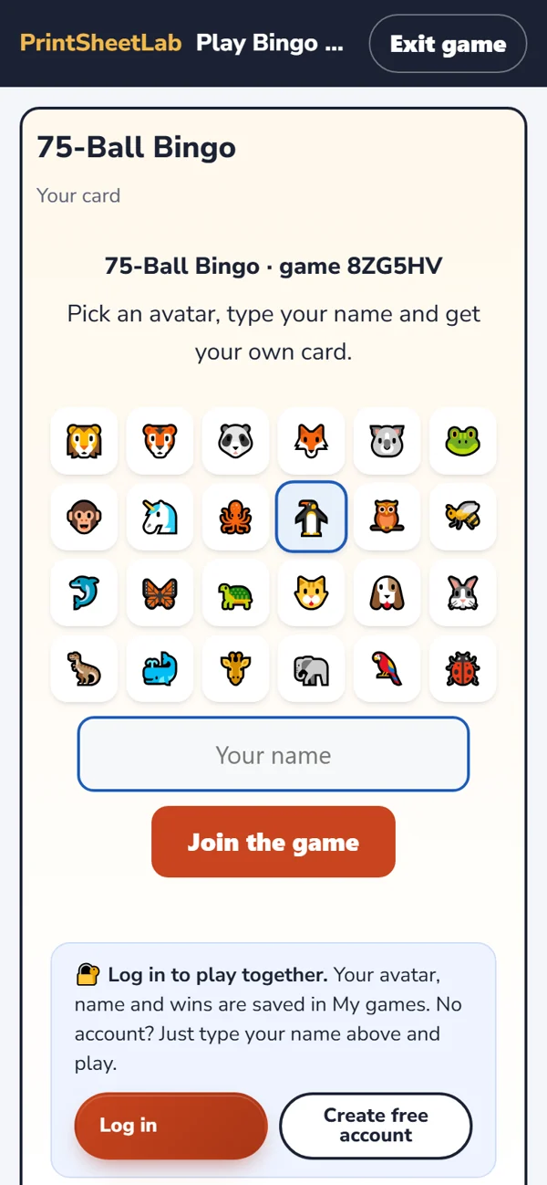 Online bingo with friends: the guest join screen on a phone, with avatars and a name box