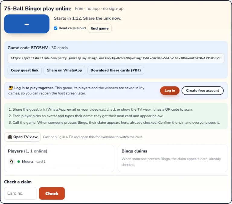 Bingo caller online: the host screen with the game code, the player list and the claim checker