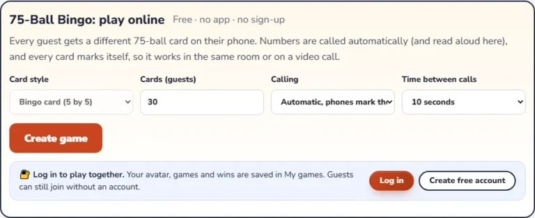 Play bingo online: the host setup screen for a 75-ball game with card style, number of guests and speed