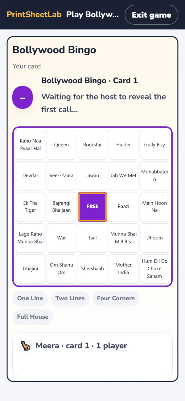 Online Bollywood bingo card on a phone: a card of famous Hindi film names with a free square