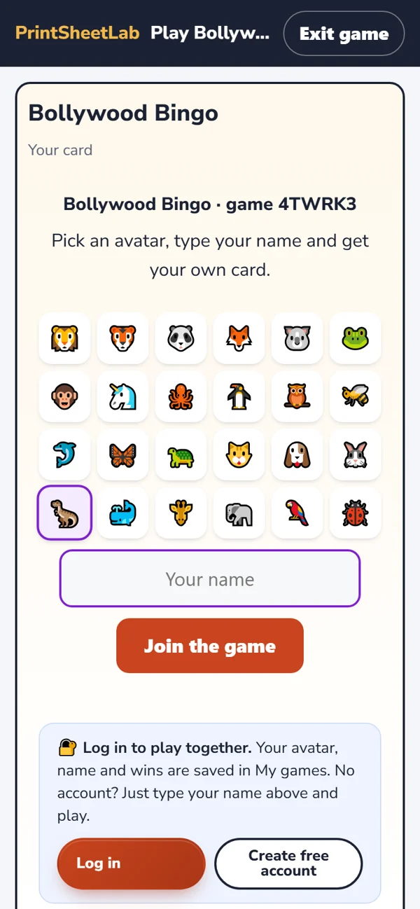 Bollywood bingo online with friends: the guest join screen on a phone, with avatars and a name box