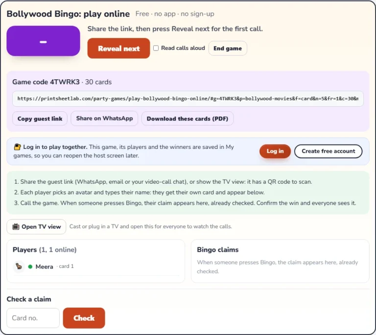 Virtual Bollywood bingo host screen: the reveal button, the game code, the player list and the claim checker