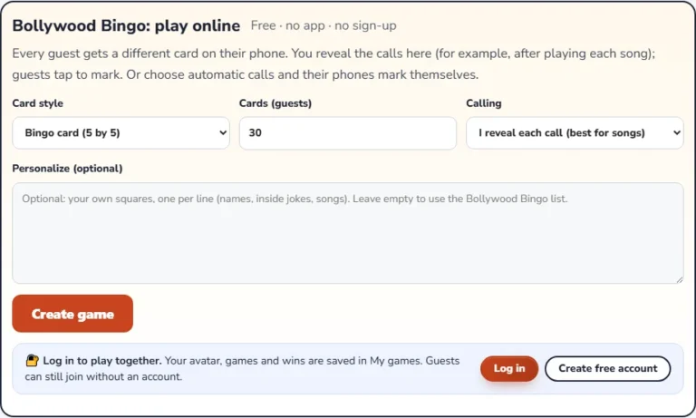Play Bollywood bingo online: the host setup screen with card style, number of guests and manual calling