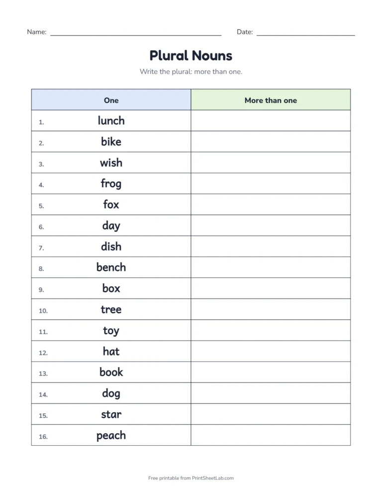 Singular and plural nouns worksheet: add s or es to cat, box, dish and bench