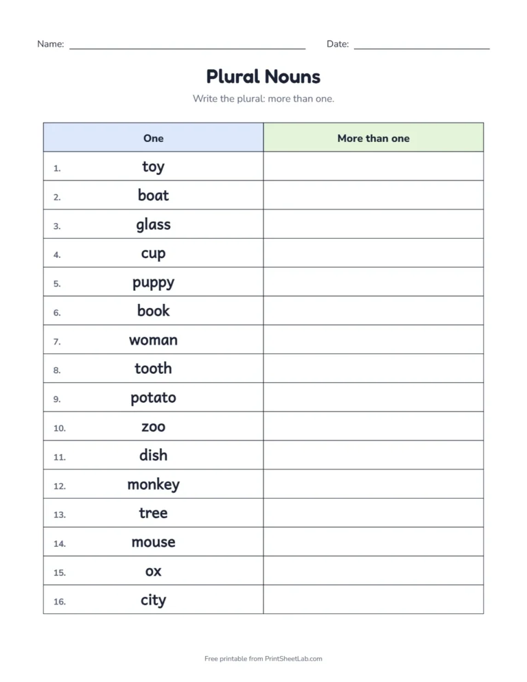 Plural nouns worksheet: write the plural of 16 mixed words in a two-column table