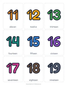 Teen numbers 11 to 19 with words printable worksheet for kindergarten