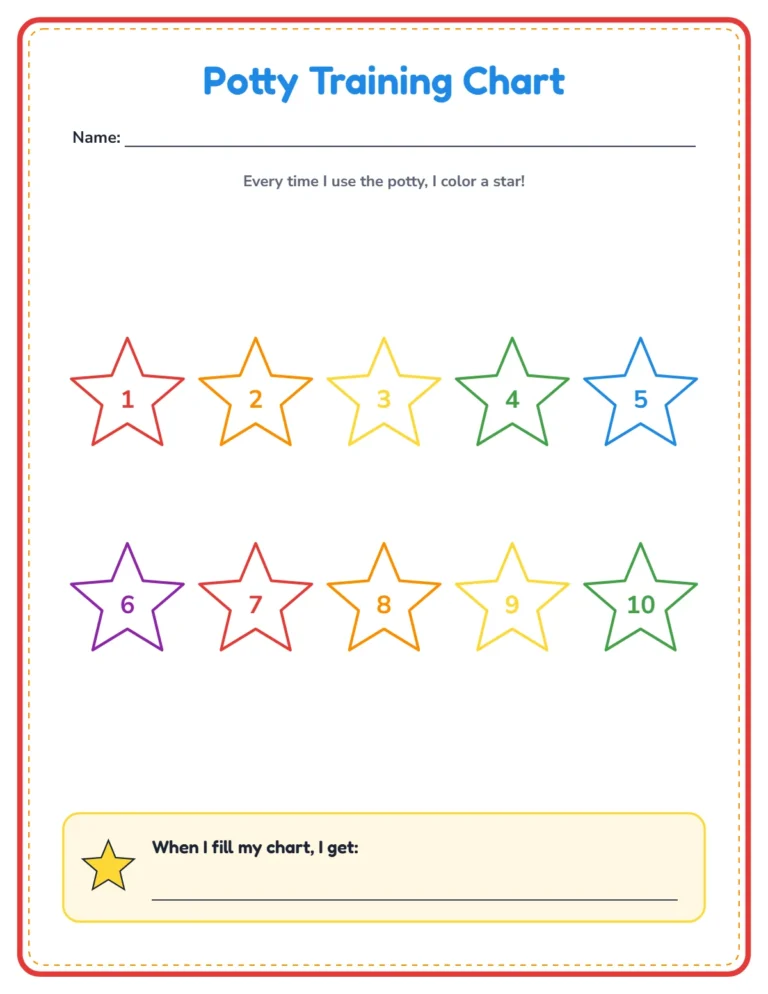 Potty training reward chart printable with 10 numbered rainbow stars