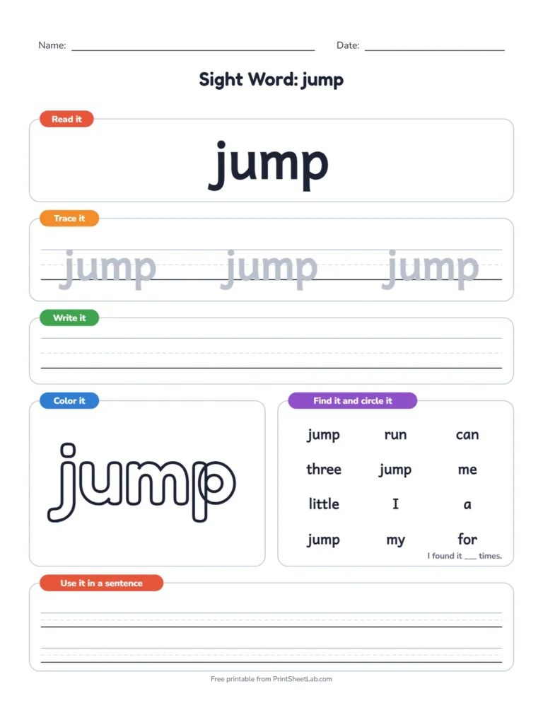 Pre-primer sight words worksheets: sight word of the day page for jump with read, trace, write, color and find boxes