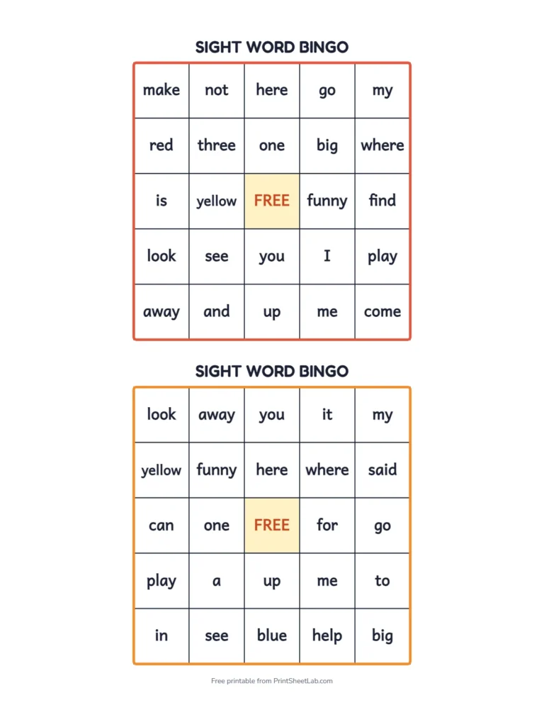 Sight word bingo card for the pre-primer sight words with a free space