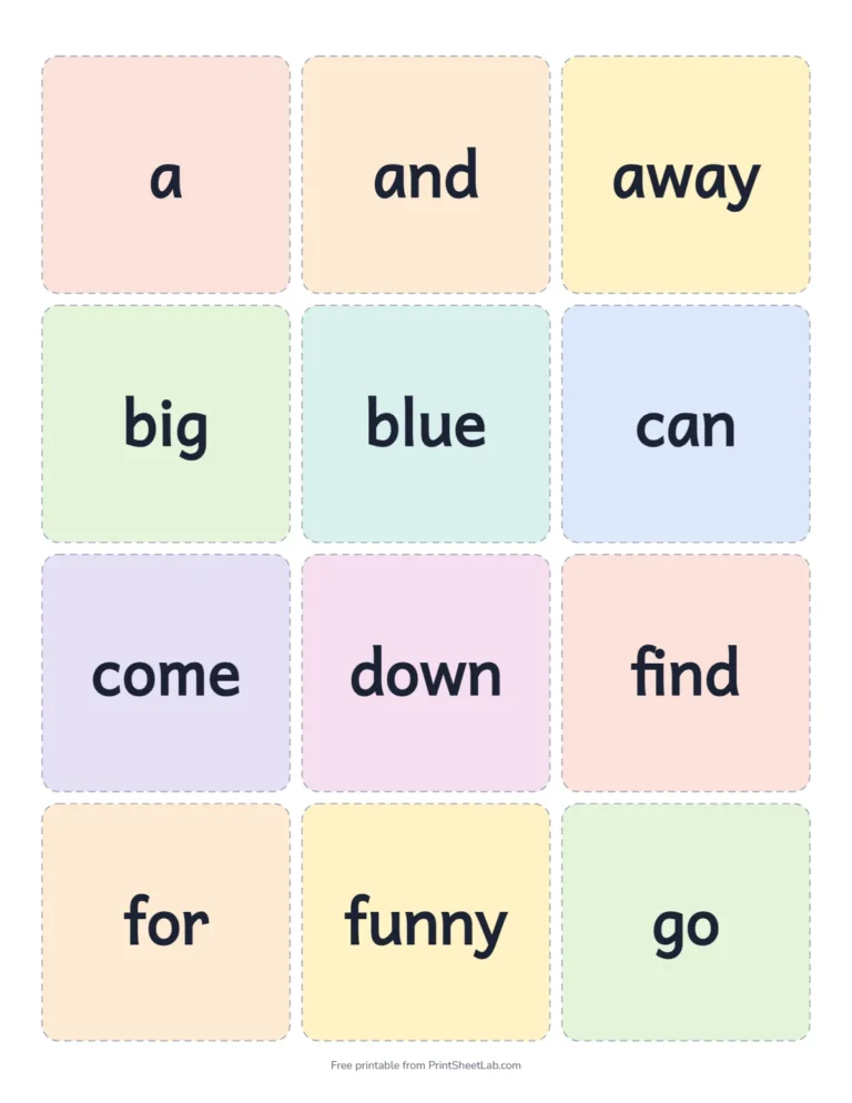 Printable pre-primer sight words flash cards in color, 12 cards on a page