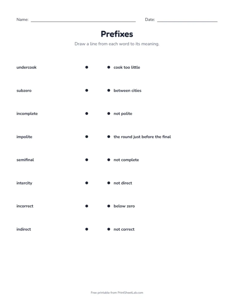 Prefix worksheet: match words like impossible and underwater to their meanings