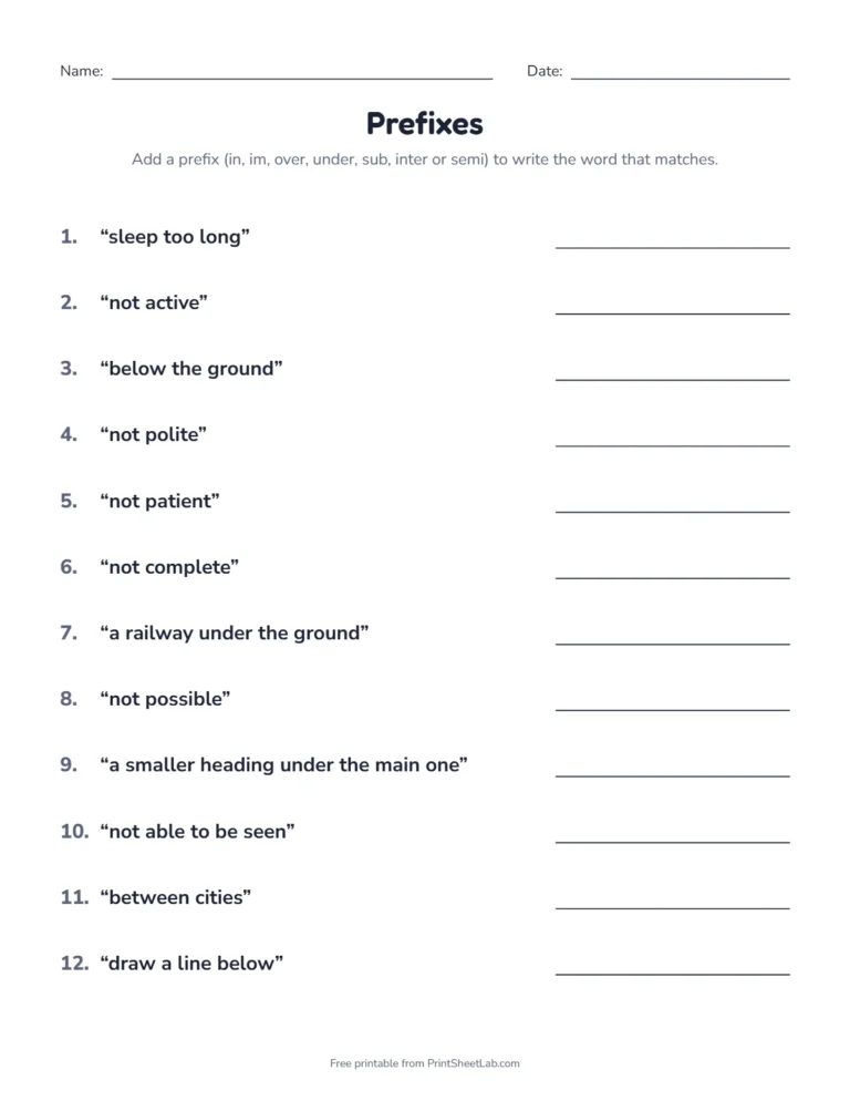 Prefix worksheets for grades 4 and 5 from our prefixes and suffixes list: in, im, over, under, sub, inter, semi