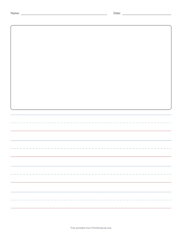 Primary writing paper with a picture box at the top and writing lines below