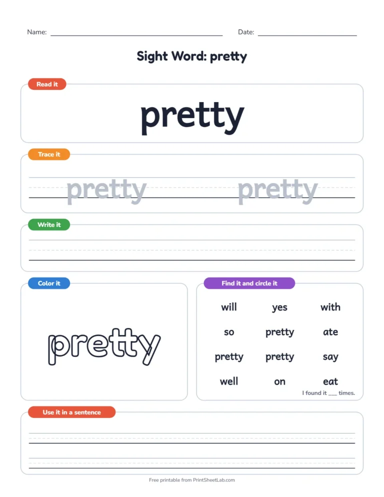 Primer sight words worksheets: sight word of the day page for pretty with read, trace, write, color and find boxes