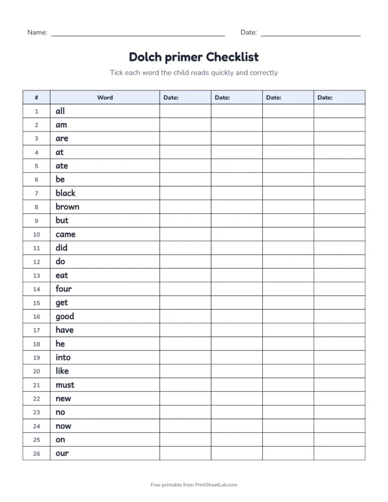 Assessment checklist for the primer sight words with four date columns