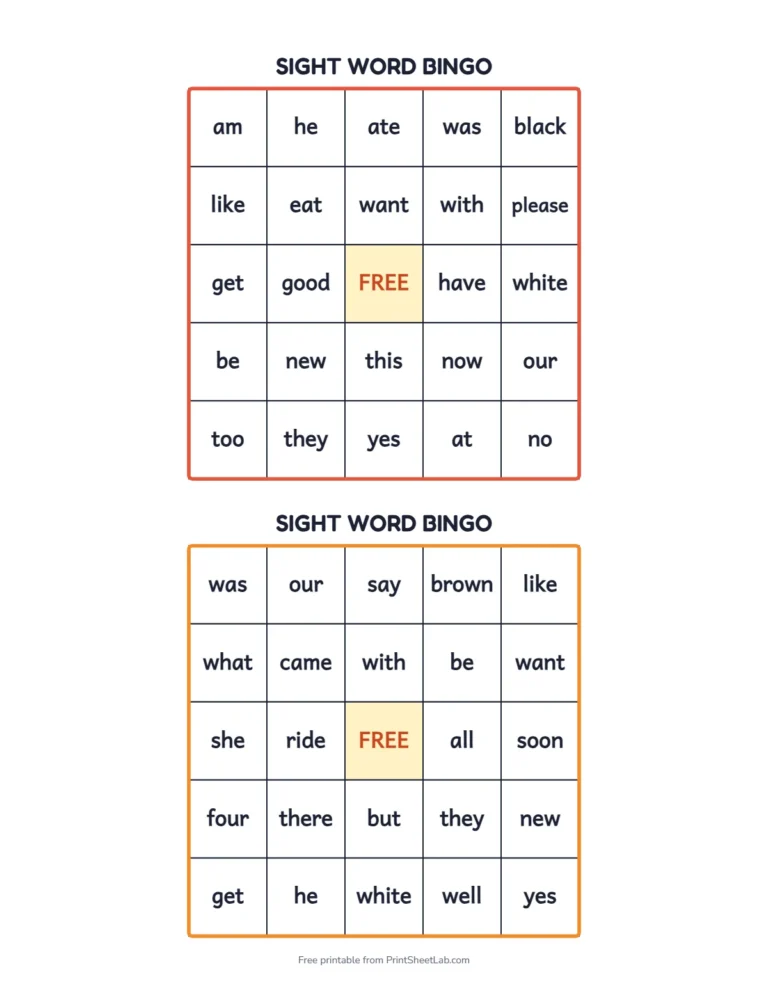 Sight word bingo card for the primer sight words with a free space