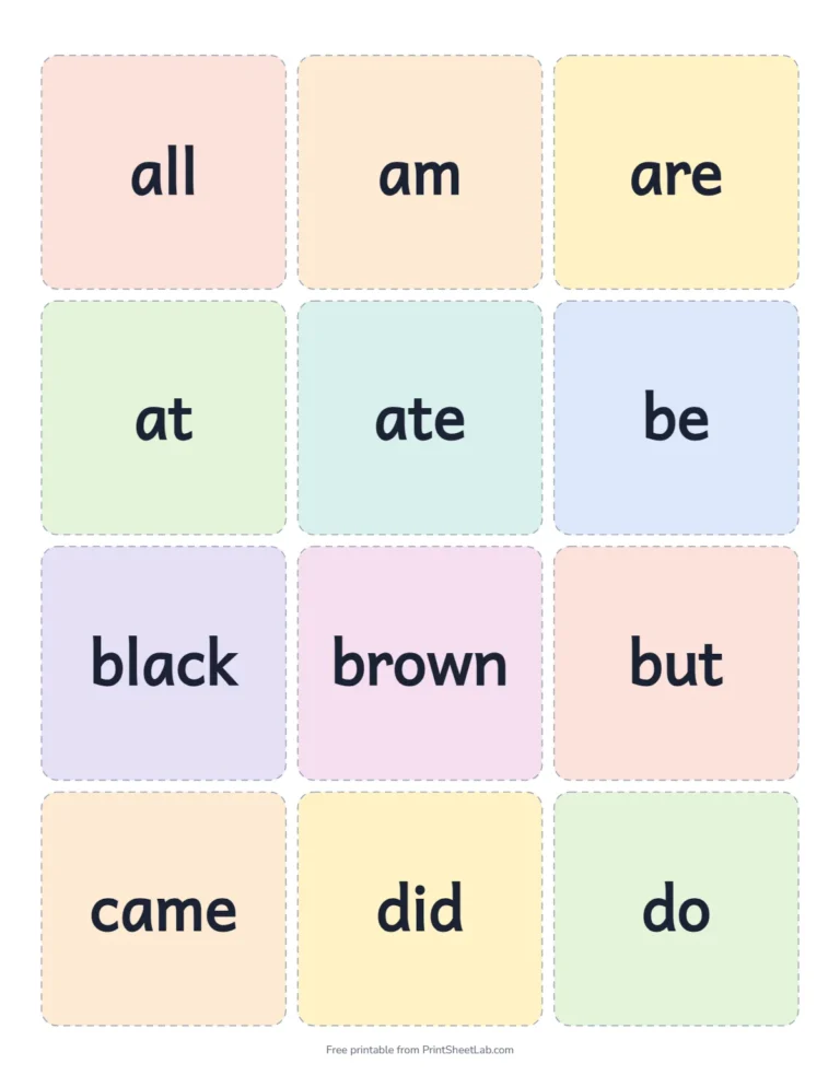 Printable primer sight words flash cards in color, 12 cards on a page