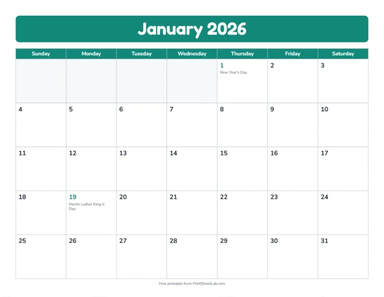 Printable 2026 calendar with holidays: all 12 months, one month per page