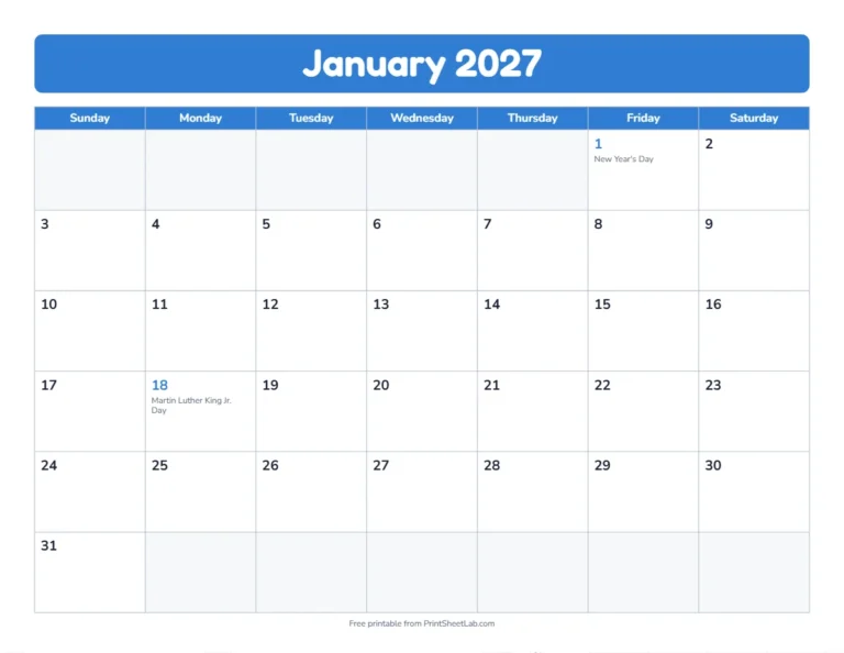 Printable 2027 calendar with holidays: all 12 months, one month per page