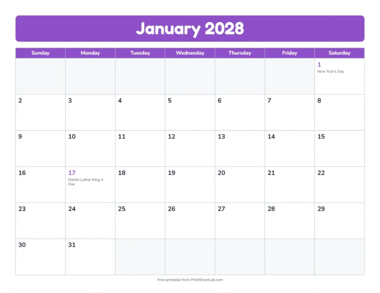 Printable 2028 calendar with holidays: all 12 months, one month per page
