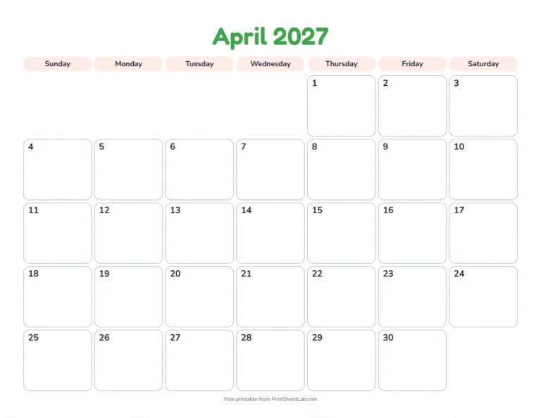 Printable April calendar for 2027 in the playful design for children