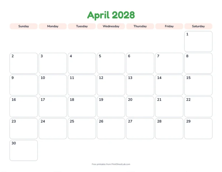 Printable April calendar for 2028 in the playful design for children