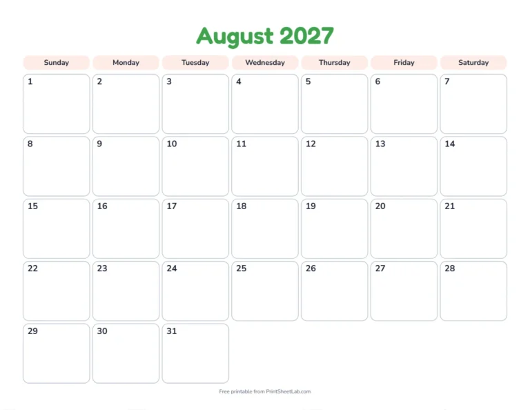 Printable August calendar for 2027 in the playful design for children