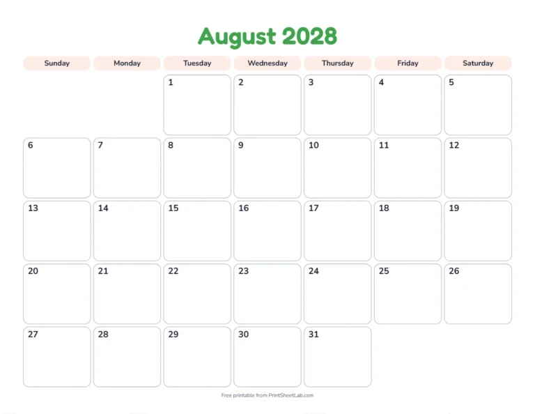 Printable August calendar for 2028 in the playful design for children