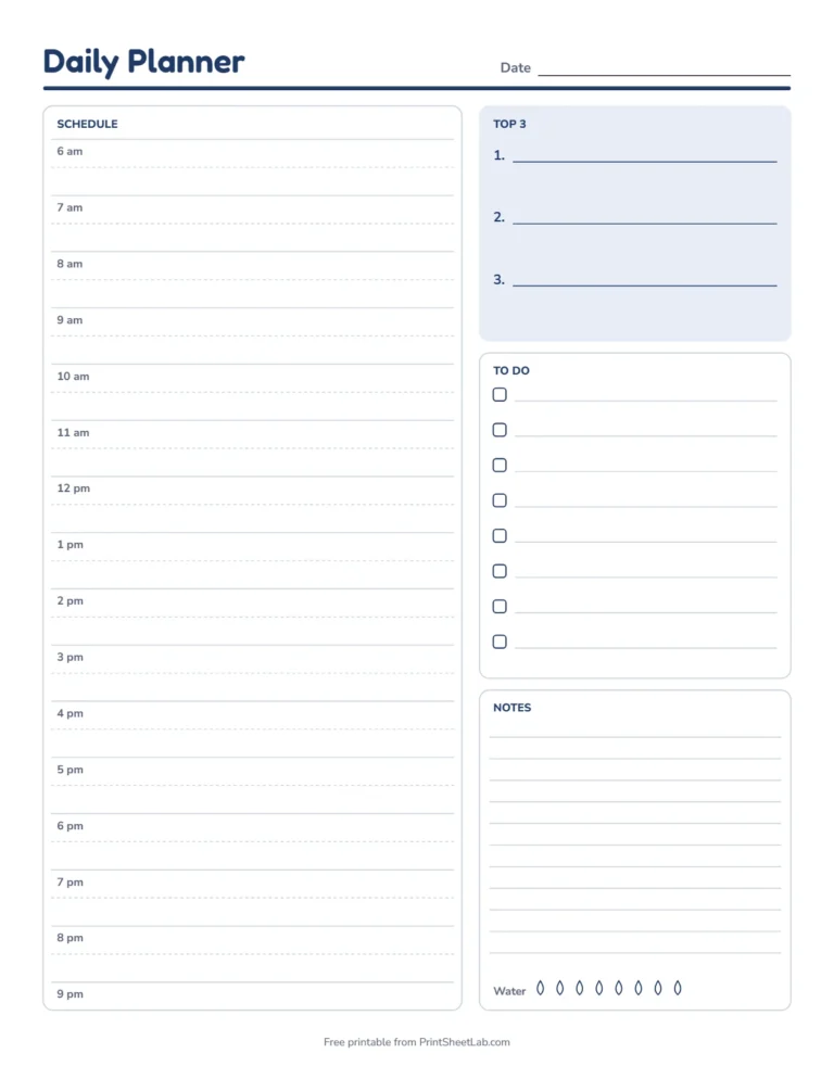 Printable daily planner with half-hourly slots in navy