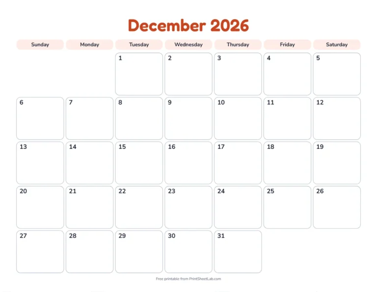 Printable December calendar for 2026 in the playful design for children
