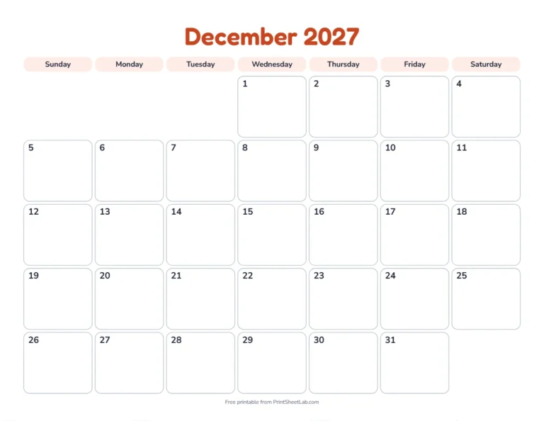 Printable December calendar for 2027 in the playful design for children