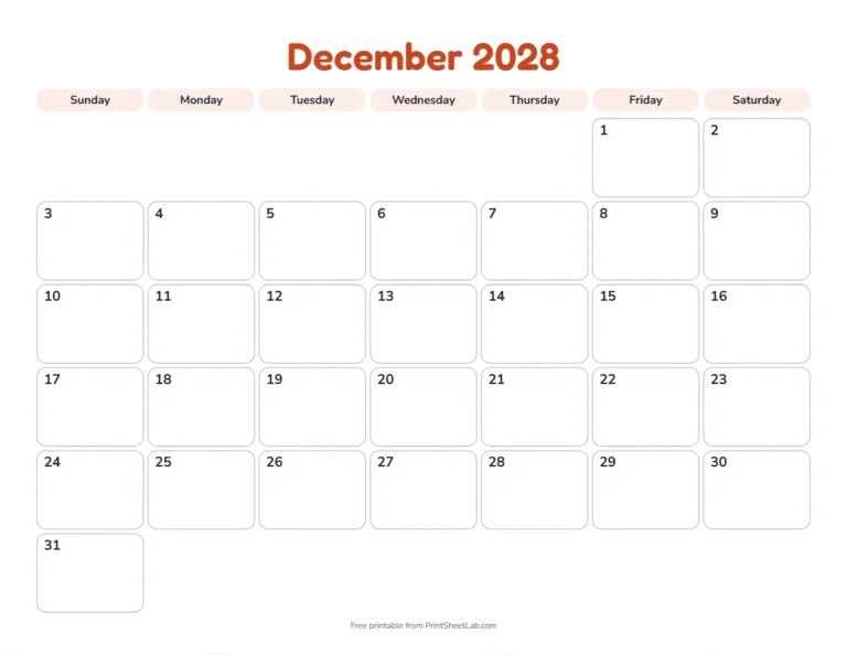 Printable December calendar for 2028 in the playful design for children