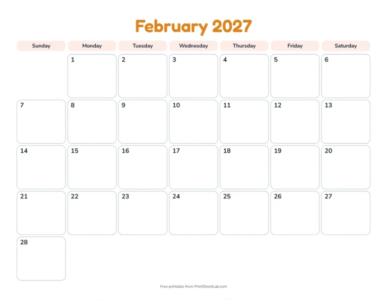 Printable February calendar for 2027 in the playful design for children