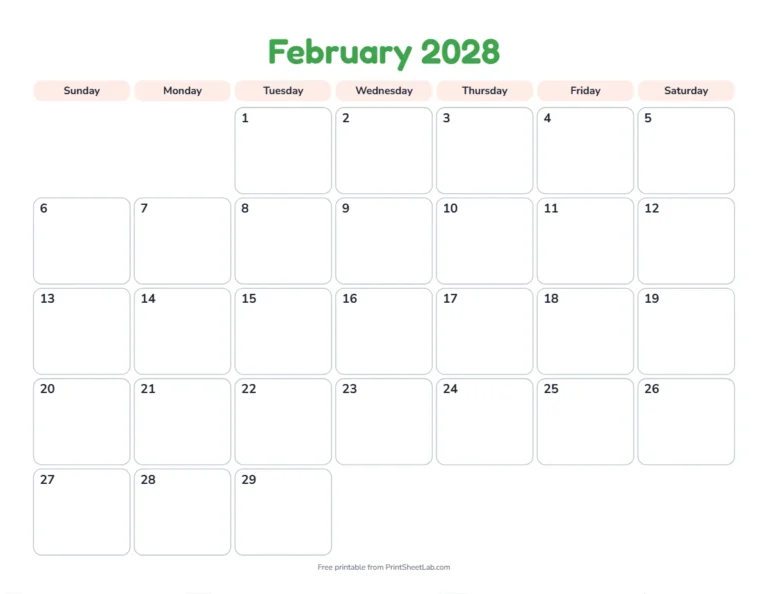 Printable February calendar for 2028 in the playful design for children