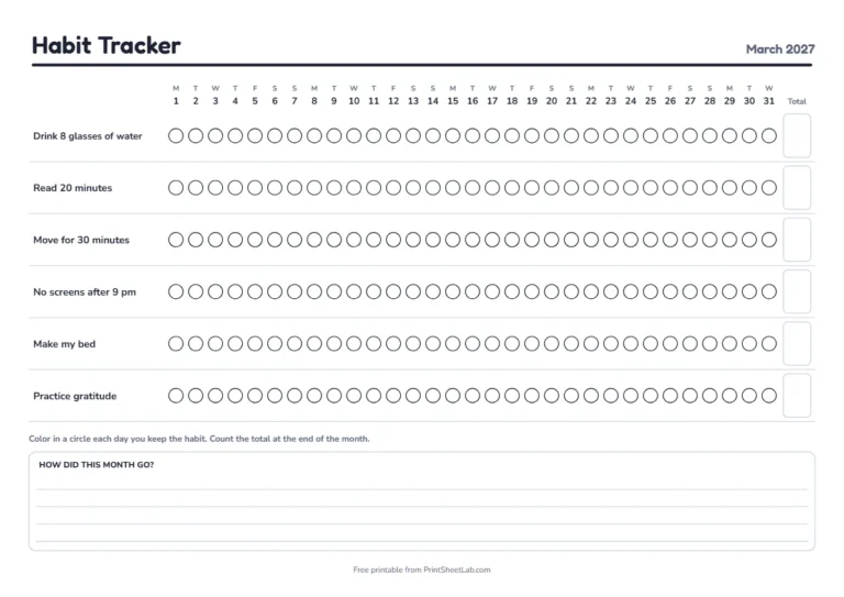 Printable habit tracker PDF for March 2027 in black and white