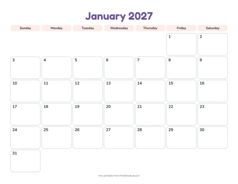 Printable January calendar for 2027 in the playful design for children