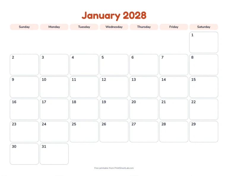 Printable January calendar for 2028 in the playful design for children