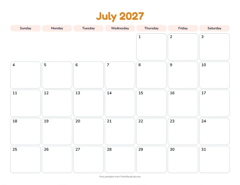Printable July calendar for 2027 in the playful design for children