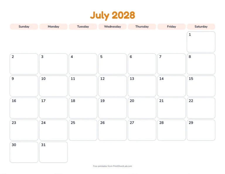 Printable July calendar for 2028 in the playful design for children