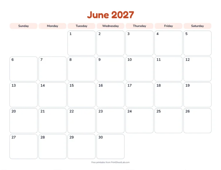 Printable June calendar for 2027 in the playful design for children