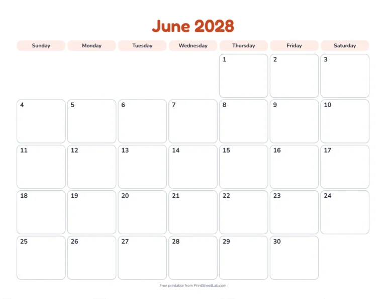 Printable June calendar for 2028 in the playful design for children