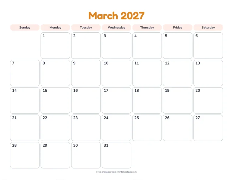Printable March calendar for 2027 in the playful design for children