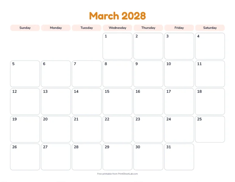 Printable March calendar for 2028 in the playful design for children