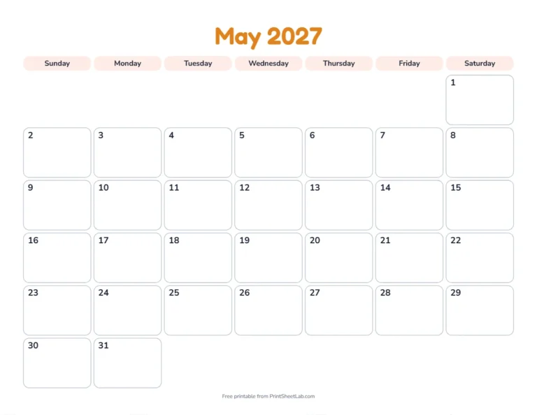 Printable May calendar for 2027 in the playful design for children