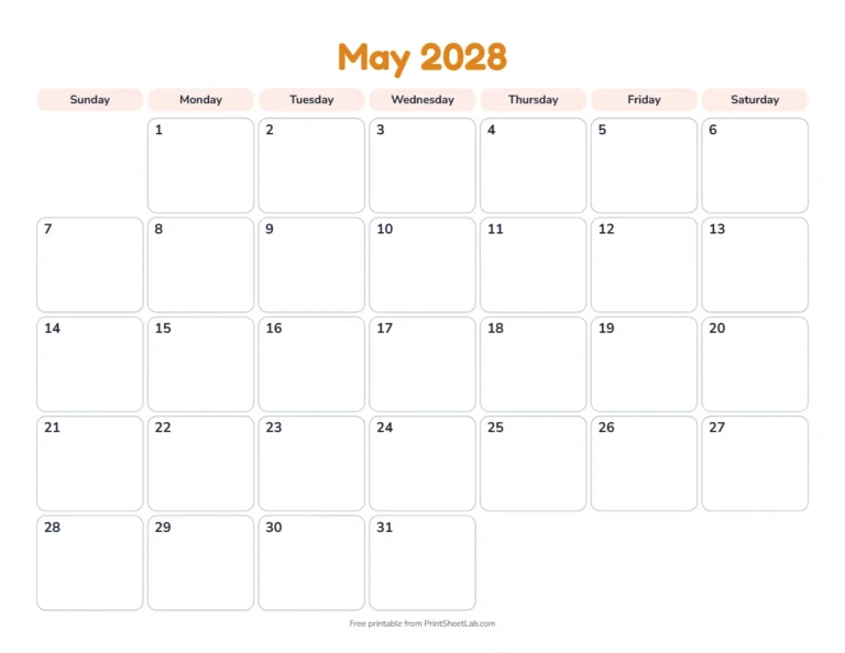 Printable May calendar for 2028 in the playful design for children