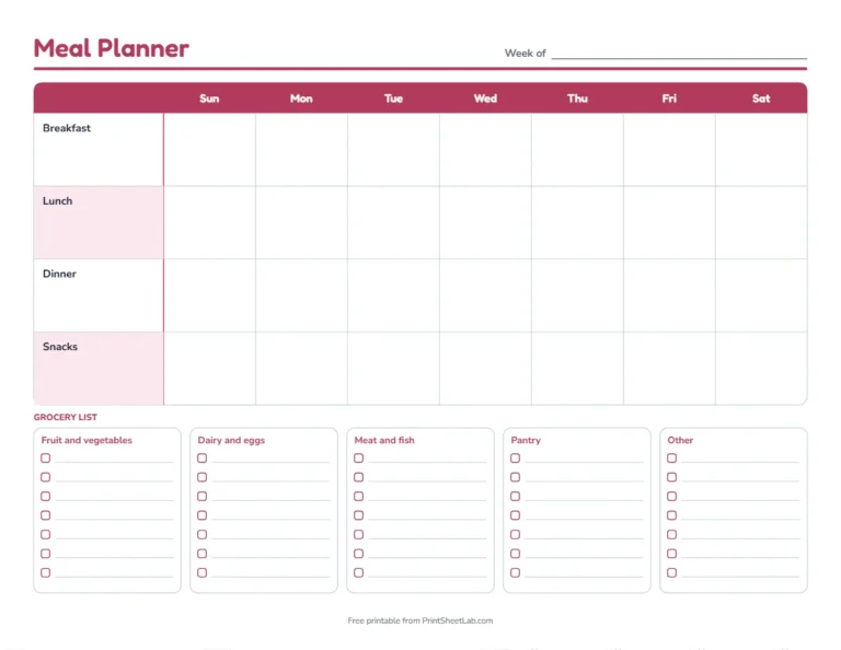 Printable menu planner for the week in rose