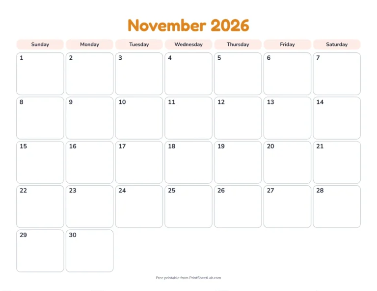 Printable November calendar for 2026 in the playful design for children