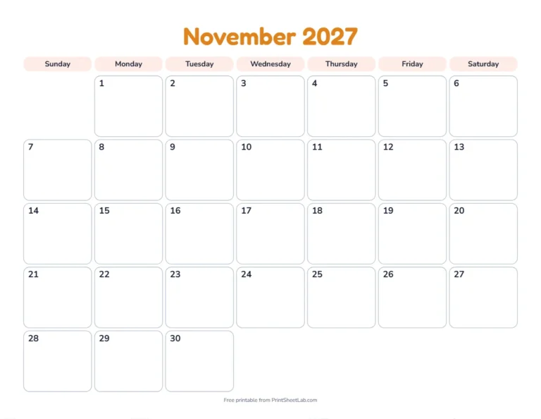 Printable November calendar for 2027 in the playful design for children