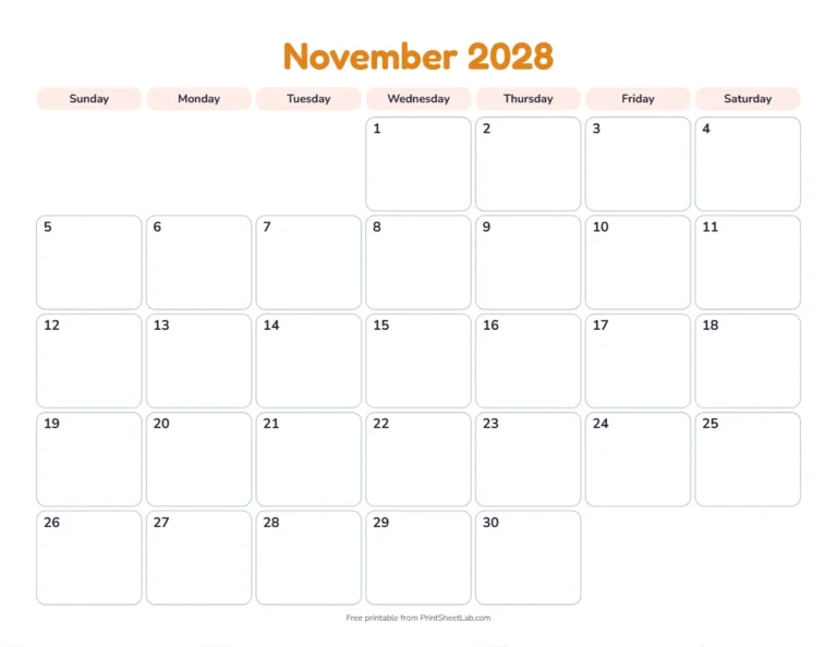 Printable November calendar for 2028 in the playful design for children